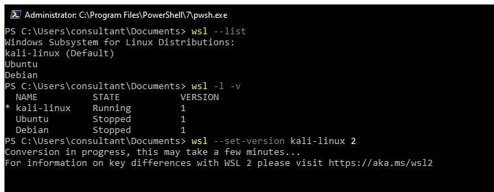 Coverting Kali-Linux WSLv1 to WSLv2