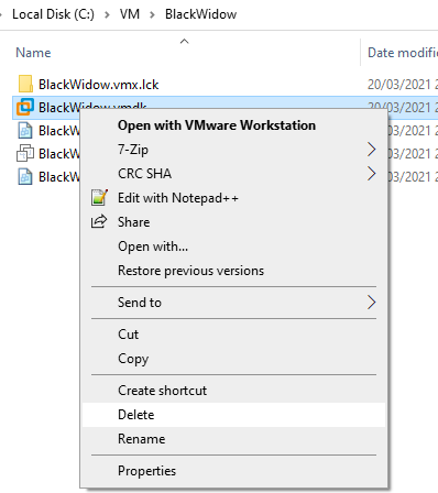 Remove the BlackWidows.vmdk file from explorer