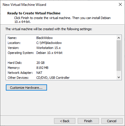 New Virtual Machine Wizard - Customise Options