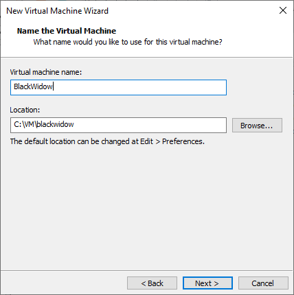 Naming the machine BlackWidow through the New Virtual Machine Wizard