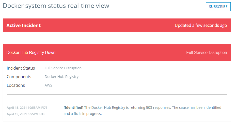 Docker System Status real-time view confirming the error.